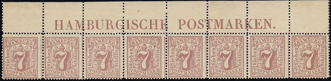 Hier fehlen nur die Seitenränder, sonst ein kompletter Oberrandstreifen mit 8 Marken