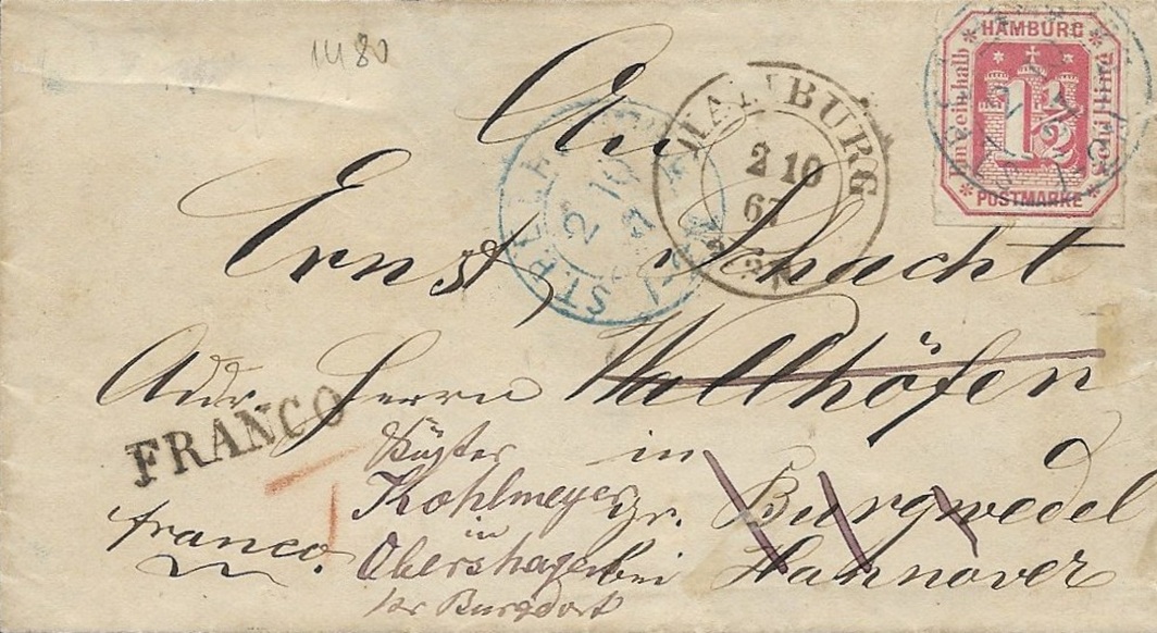 Nicht nach Burgwedel, sondern nach Burgdorf bei Hannover. Zuständig im Oktober 1867: das preußische Postamt in Hamburg.