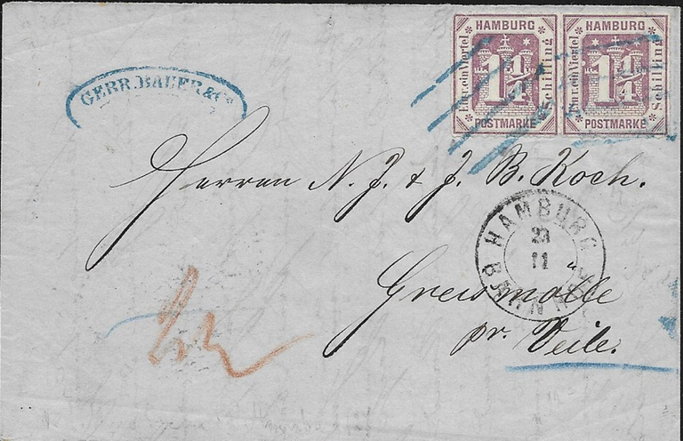 Völlig korrekt nach Dänemark mit 2 1/2 Schilling frankiert. Der Postbeamte meinte aber wohl 'Grevesmühlen' statt Greismölle bei Vejle und übergab den Brief von Stadtpostamt ans Mecklenburgische Postamt ('HAMBURG BAHNHOF')