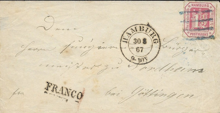 Der gleiche Portosatz ins Hannöversche. Im August 1867 wurde die Post nach Hannover vom preußischen Postamt abgefertigt