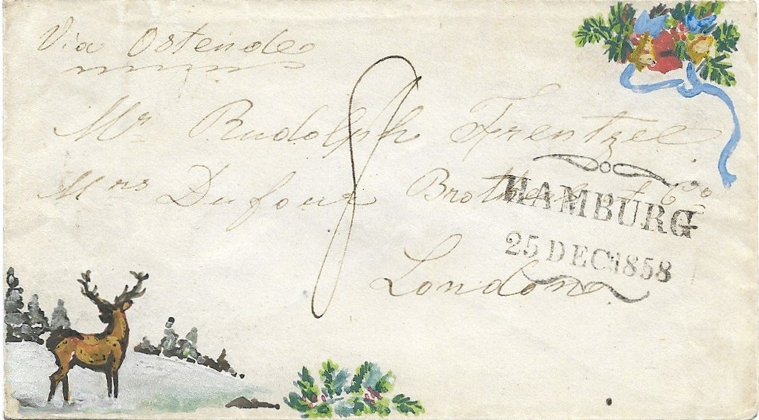 So ein Brief ist doch der ideale Anfang für eine Sammlung der Schmetterlingsstempel! Ein Neujahrsgruß nach England, vom 25.Dezember 1858 - 6 Tage später erschienen die ersten Hamburger Briefmarken. Empfänger des kleinen Briefes war Rudolph Frentzel, ein Londoner Pelzhändler und ein bekannter Numismatiker, dessen Münzensammlung später, im Jahre 1895, bei Sotheby`s versteigert werden sollte.