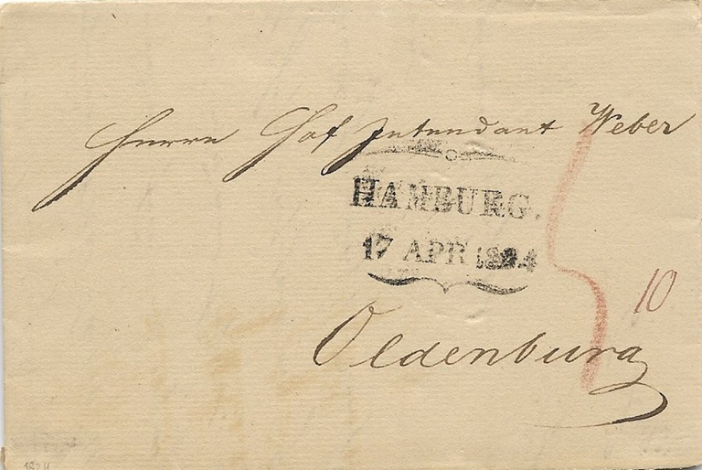 Hat Hamburg dort abgeguckt? 1824, 17.April. Eine sehr frühe Verwendung des Schmetterlingsstempels, 'Hamburg' mit Punkt dahinter.