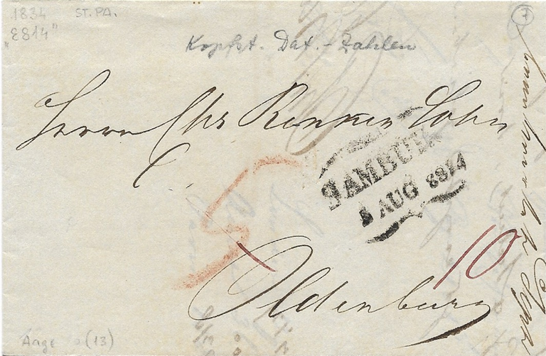 1834 -Die Jahreszahl steht kopf und ist teilweise zudem auch noch spiegelverkehrt. Der Postbeamte war vielleicht geistig noch nicht anwesend!