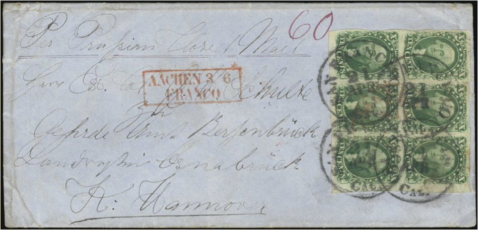 The spectacular corner block of six of the TEN CENTS 1855 on Trans-Atlantic mail cover to the Kingdom of Hanover. Part of a newly discovered correspondence to the little village of GEHRDE in the North Western parts of Germany.