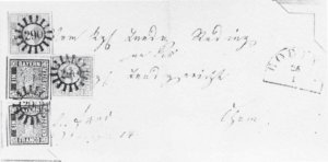 7. Der „Roding“-Brief. Amtlicher Brief „An das Landgericht..“ aus der Sessler-Sammlung. Die einzig bekannte 3-Farben-Frankatur (Mi.Nr. 1 (2), 2, 3.) Leider habe ich keine bessere Abbildung.