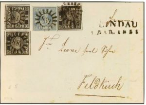 3.Auslandsbrief nach Feldkirch an „Leone Seel. Söhne“. Bei diesem Brief war die linke obere Marke ausgeschnitten und wieder eingesetzt. (Götz-Auktion 1993, Ausruf 90.000 DM).