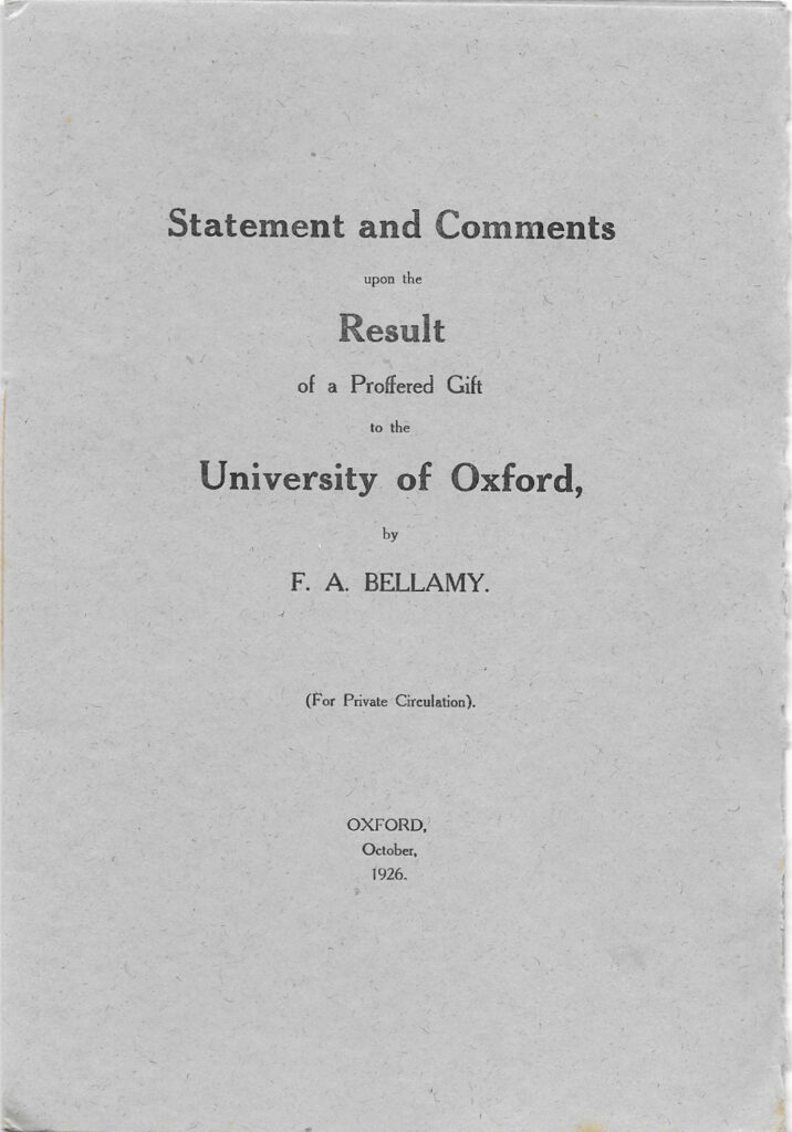 Von Bellamy selbst veröffentlicht, enthaltend zwei Briefe, als die  University of Oxford sein Geschenk von über 200.000 philatelistischen Dokumenten zurückwies. 