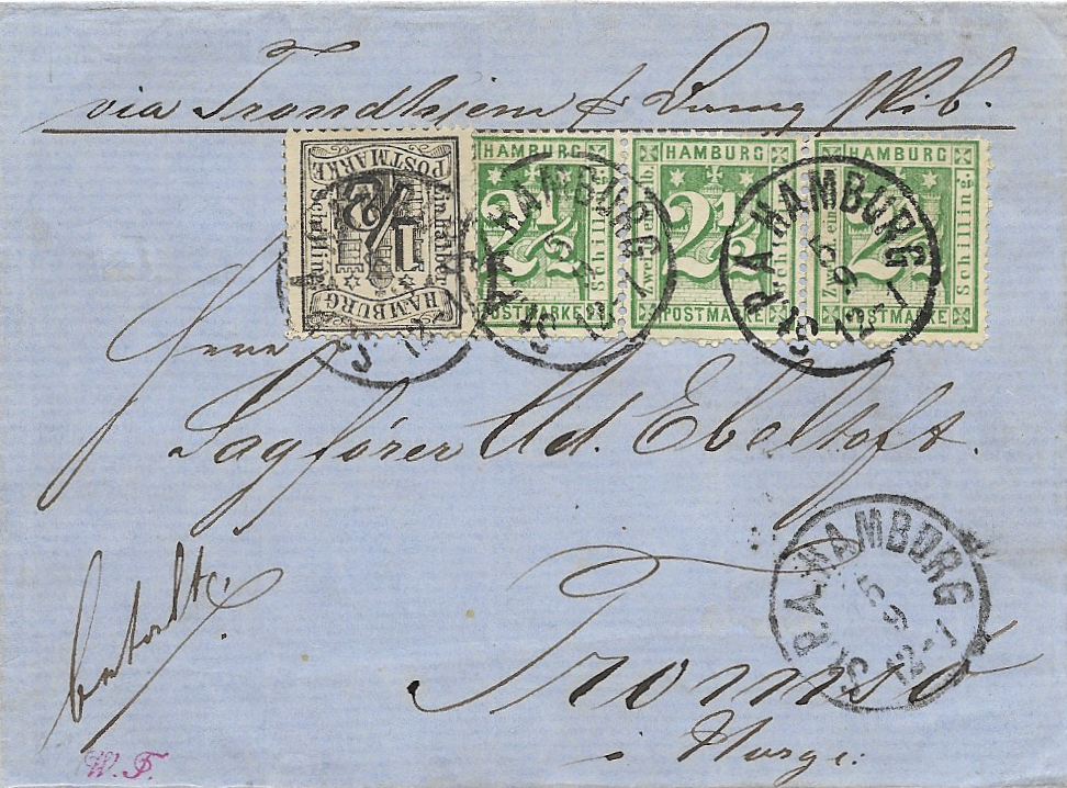 Norwegen-Frankatur : über Trondheim nach Tromsö , rückseitiger Durchgangsstempel von Sandösand