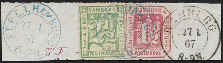 Mi.Nr. 14 II und Nr. 21 – auch solche Kombination war möglich. 4 Schilling war z.B. das Porto nach Preussen