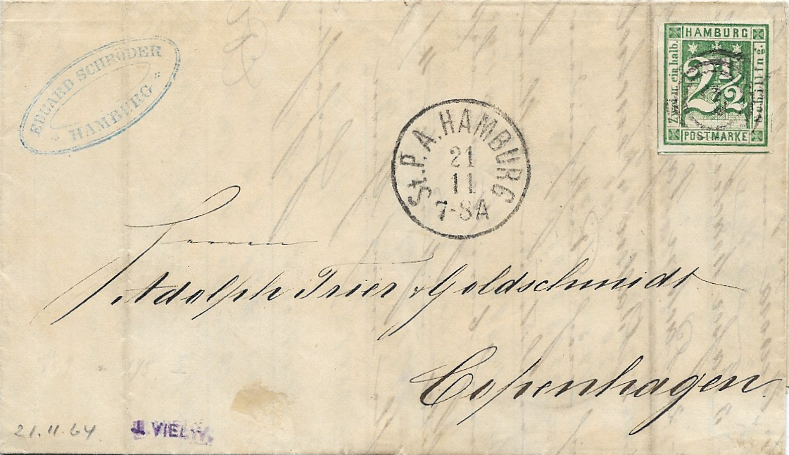 Die typische Dänemark-Frankatur – ein Brief vom 21.11.1864, die Frankatur mit dem alten dänischen Ringnummernstempel „2“ entwertet