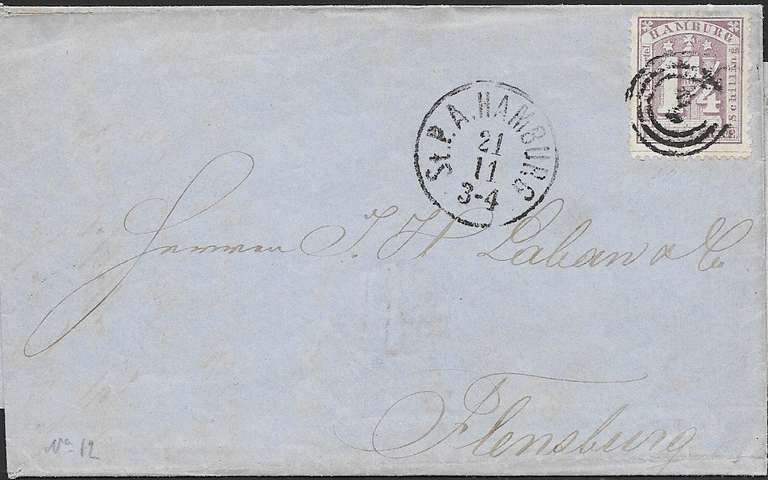 21.11.1864 – die „frühen“ Briefe der Mi.Nr. 12 II sind mit dem dänischen Nummernstempel „2“ entwertet
