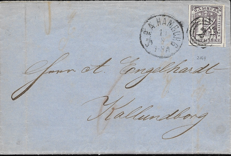 Das hat nicht ganz geklappt: Im August 1864 hätten 2 1/2 Schilling frankiert werden müssen, also wurde der Brief nachtaxiert (Rötel „6“)
