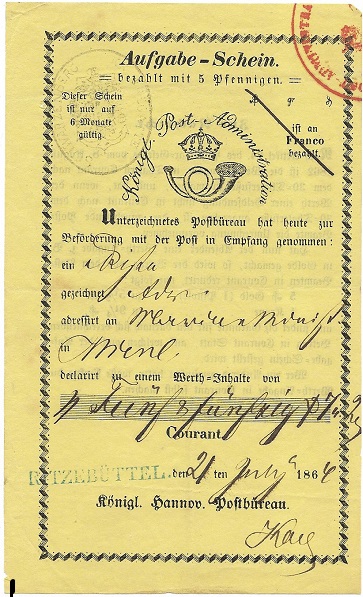 Postschein für eine Kiste von Ritzebüttel nach Wien. Links oben der Siegelstempel FREGATTE SCHWARZENBERG
