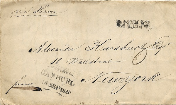 1840 Weiterbeförderung nach New York, der BMHR4 – Stempel ist zweimal abgeschlagen 