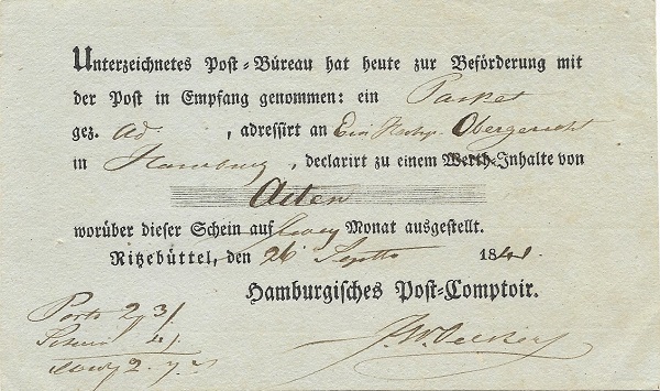 Quittung für ein Paket, wohl mit Gerichtsakten