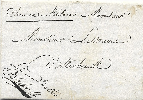 Handschriftlicher Franchise-Vermerk „Le Commandant des Cotes“ Brief vom 28.Oktober 1812