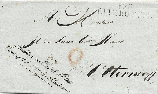 Franchise-Stempel „Auditeur au Conseil d´Etat Com.re.sp.al de h.te police à Cuxhaven“. Brief vom 15.Oktober 1812 – Rötelvermerk „0“, also portofrei!