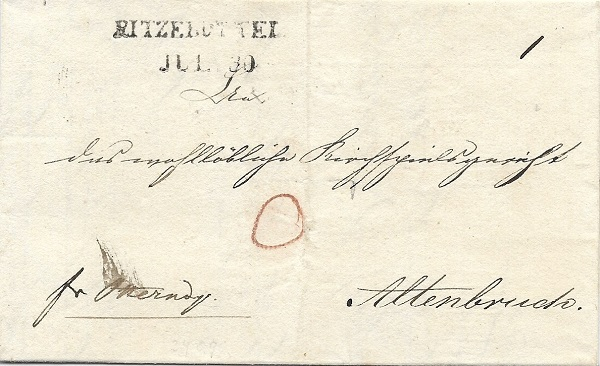 Der 43mm-Stempel. Absender war C.Hartung, Amtmann von 1827 bis 1834. Der Brief datiert aus dem Jahre 1828