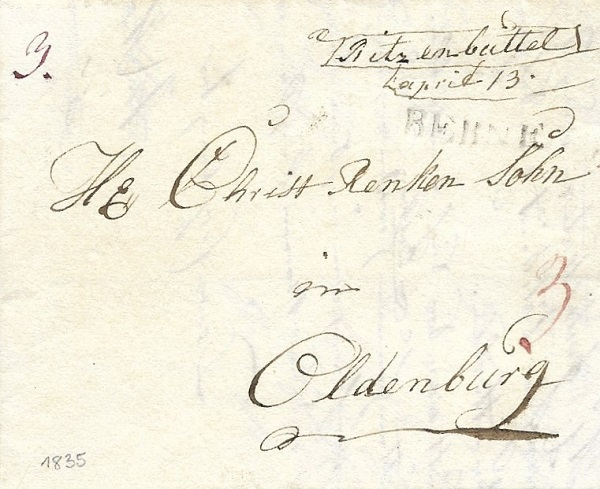 „Ritzenbüttel“ handschriftlich 1835; „Ritzenbüttel“ ist aber auch ein kleiner Ort im Oldenburgischen – es ist also sehr wahrscheinlich, dass dieser Brief von dort stammt 