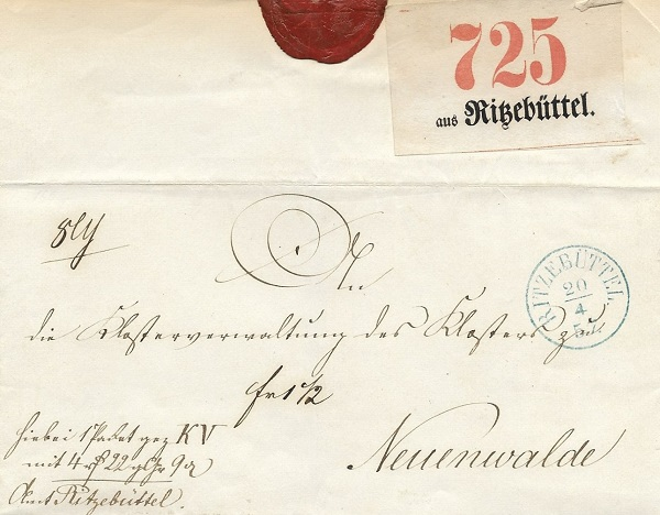 1857 – Paketbegleitbrief mit entsprechendem Aufkleber