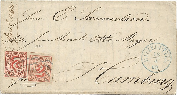 1862 2x 2 Schilling vorausentwertet – nach Hamburg. Der Brief war wohl etwas schwerer, daher das doppelte Porto 