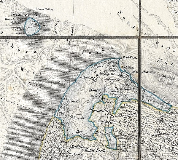 Das Hamburger Gebiet ist blau umrandet. Gelb gerandet die „Königl. Preuss. Provinz Hannover“ – Ausschnitt aus einer Karte von ca. 1867 – die Schreibweise Kuxhaven ist sehr ungewöhnlich!