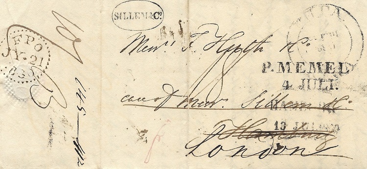 1830, RIGA-MEMEL-HAMBURG-LONDON. Zunächst an Herrn Huth in Hamburg adressiert, dann weiter nach London. Die Firma Sillem, die hier als Forwarding Agent tätig war, benutzte einen kleinen Ovalstempel. Der Brief ging dann zum Hamburger Stadtpostamt und von dort nach London.