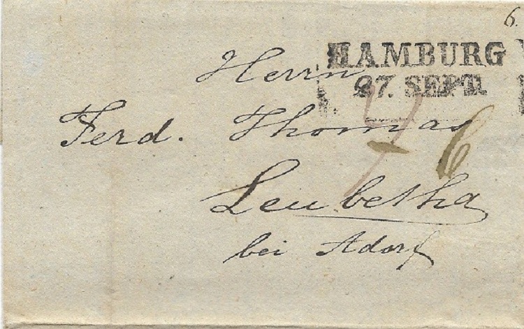 Dieser Brief aus dem Jahre 1836 kam aus Liverpool und wurde bis Hamburg durch die Firma Couvoisier forwarded, dann durch die preussische Post nach Leubetha in Sachsen befördert. Stempel von Forwarding Agents kommen erst ab ca. 1820 häufiger vor, auch ein Zeichen, dass das Postaufkommen, das auf diese Art befördert wurde, immer höher wurde.