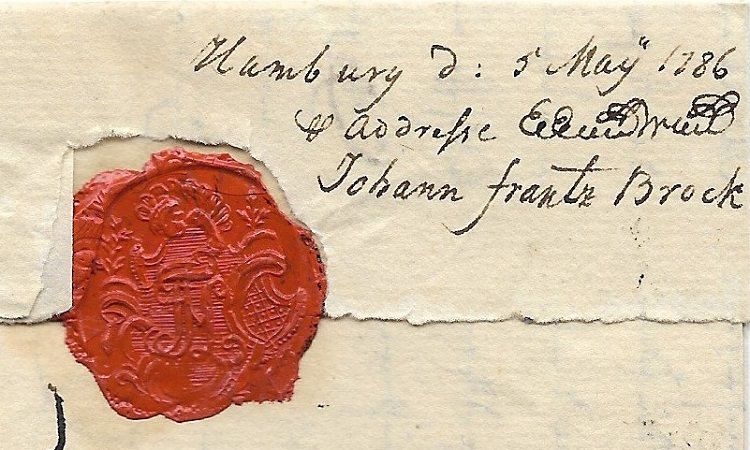 Johann Frantz Bock besorgte den Transport von Magdeburg bis Hamburg. Hier wurde er der Reichspost übergeben, wie der L1-Stempel HAMBURG -jetzt in der Schreibweise ohne „O“ – zeigt.