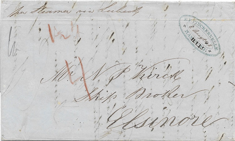 1848, Hamburg-Helsingör, „per Steamer von Lübeck“. Beförderung durch Pinckernelle