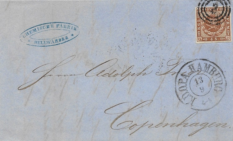 1861, das „Pendantstück“ vom gleichen Absender – der Tarif war doppelt so hoch (4 Sk.), wenn der Brief von Hamburg geschickt wurde