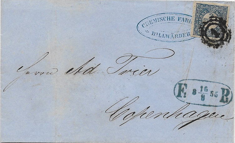 1855, Absender war die „Chemische Fabrik Billwärder“. Unter Umschlag wurde Drucksachen nach Kopenhagen gesandt, der Forwarding Agent in Kopenhagen frankierte zum Ortstarif