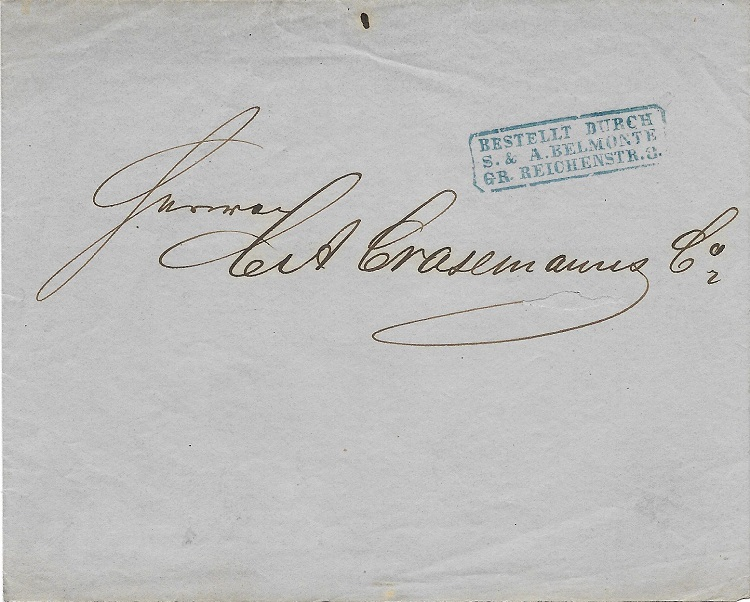 Noch ein – etwas schönerer – Abschlag von Belmontes Firmenstempel. Die Drucksache wurde wohl lokal an Herrn Crasemann zugestellt, die Ortsangabe von Hamburg fehlt.