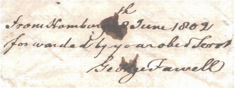 George Fawell - der britische Postagent.  Der aus Verona kommende Brief ist ein 7-seitiger Geschäftsbrief, der auch hochinteressante Details und Kommentierungen zur aktuellen Weltgeschichte aufzeigt - u.a. von Bonaparte, dem meist gehassten Mann in England, ist die Rede ...