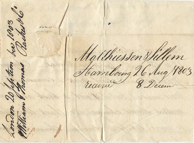 links ein Forwarder-Vermerk aus London: 20.September 1803 und der Ankunftsvermerk des Empfängers - 8.Decem !