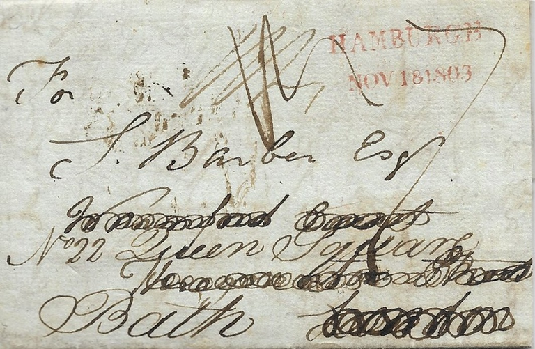 HAMBURGH NOV 18 1803. Der Posttarif '1/4s' gestrichen, da der Brief von London nach Bath nachgesandt wurde. Rückseitig der Londoner Ankunftstempel vom 3.Dec. 1803