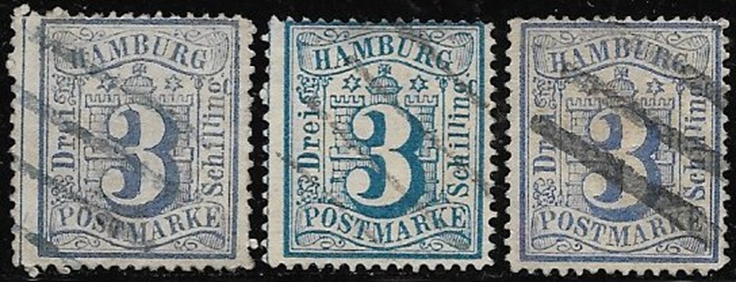 Hier sind die drei Farben der 3 Schilling blau - alle zeigen die verkürzte Basis des zweiten "l" sehr deutlich