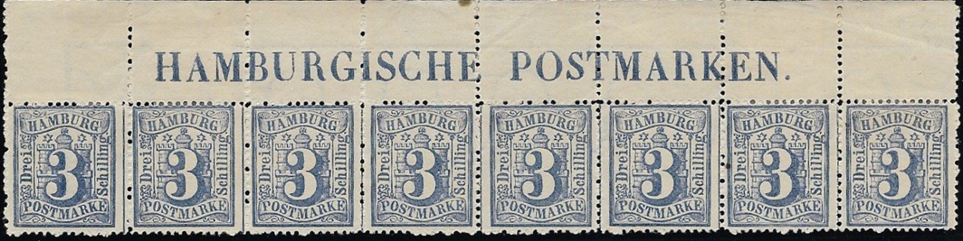 Die Bogengröße der Hamburger Freimarken sind 12 Reihen zu jeweils 8 Marken (= 96 Marken), der Bogenoberrand mit der Inschrift definiert eindeutig FELD 7 für die Abart
