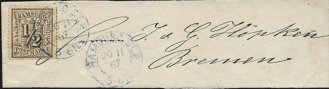 Drucksachen kosteten schon seit 1858 nur 1/2 Schilling, zumindest nach Bremen und einigen anderen Orten. Hier ein Streifband, eines von wenigen noch erhaltenen Stücken.
