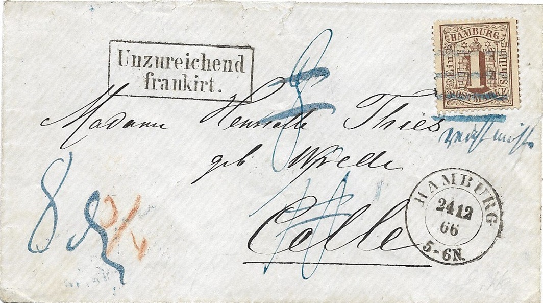 Nach Celle im Kgr. Hannover wäre das Porto 1 1/2 Schillinge gewesen. "Reicht nicht" - es fehlte nämlich 1/2 Schilling + Strafporto 1/4 Schilling, das machte 3/4 Schilling oder 8 hannoversche Pfennige