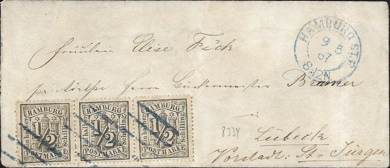 Mehrfachfrankatur: 1 1/2 Schilling nach Lübeck. Im Mai 1867 gab es schon die Wertstufe zu 1 1/2 Schilling. Die hatte der Absender wohl gerade nicht zur Hand.