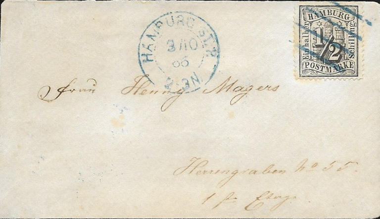 Innerhalb Hamburgs betrug das Porto ab dem 1.Januar 1865 nur noch 1/2 Schilling