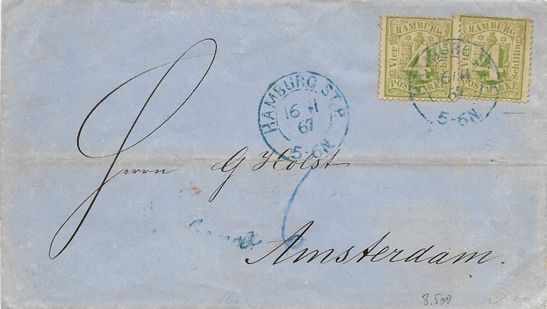 Dieser Brief aus gleicher Korrespondenz "Holst, Amsterdam" , wie oben, war doppelt schwer und daher korrekt mit 8 Schillingen frankiert