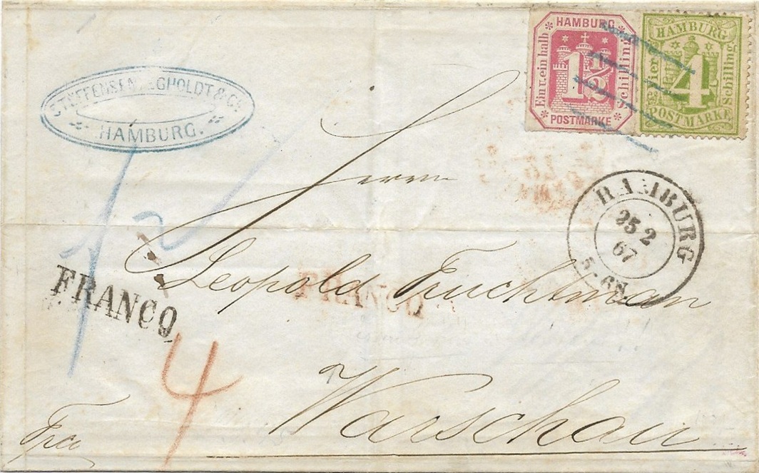 Aus dem Briefkasten, dann der preußischen Post übergeben. 4 Silbergroschen (links unten "4" in Rötel) war der Tarif, das entsprach 5 1/3 Schillingen, die auf "5 1/2" aufgerundet wurden.  Es sind bisher nur 2 Briefe nach Warschau bekannt geworden.