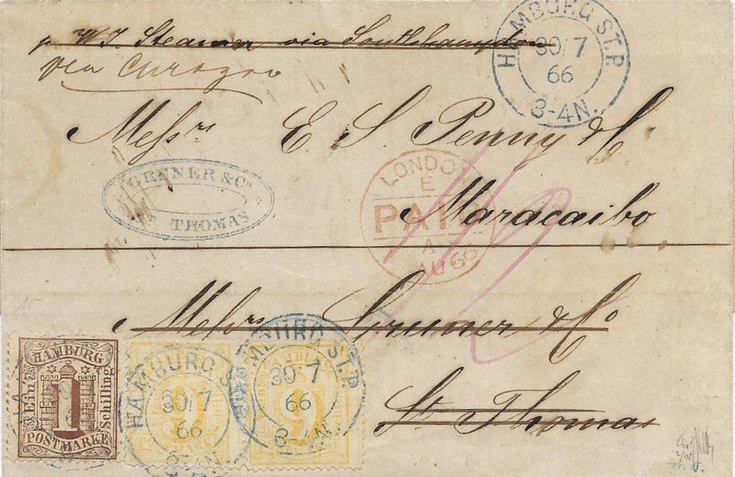 Das "Pièce de Résistance" der gezähnten Ausgaben. Der seltene 9-Schilling-Wert auf Brief nach Maracaibo. Aus dieser sogenannten "Swift-Penny-Korrespondenz" sind 5 Belege bekannt. Dieser ist meiner Meinung nach der Schönste - statt des meist verwendeten blauen Strichstempels zeigt er drei klare Abschläge des Ortsstempels.