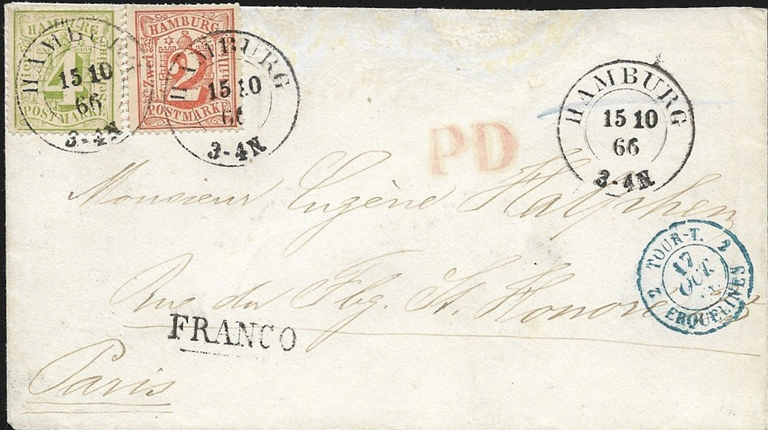 6 Schilling nach Frankreich wurden als korrektes Porto anerkannt. Der 'Hamburg'-Stempel des preußischen Postamtes wurde durchgestrichen und der Brief durch die Thurn & Taxis`sche Post befördert